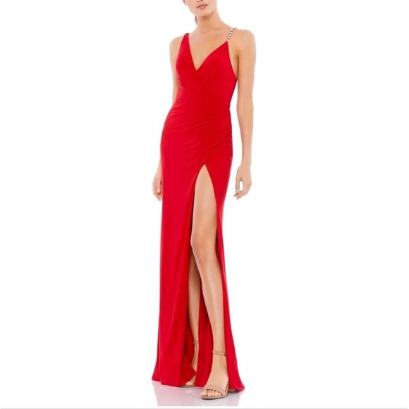 Mac Duggal Ieena 26532 Asymmetrical Pearl Strap V-Neck Gown, Red,  Size 12 NWT - Picture 3 of 11